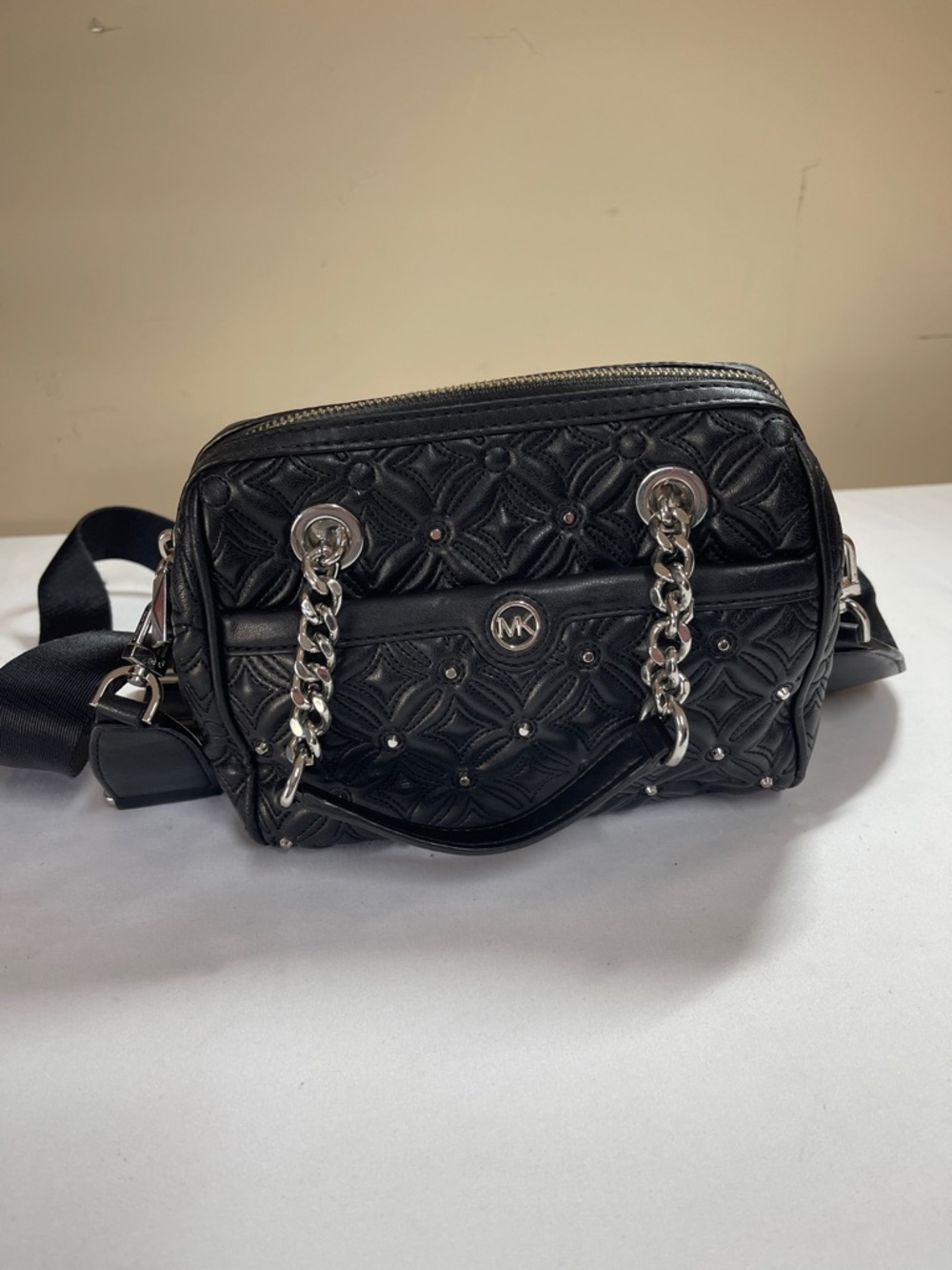 Michael Kors Black Quilted Leather Crossbody with Silver Chain